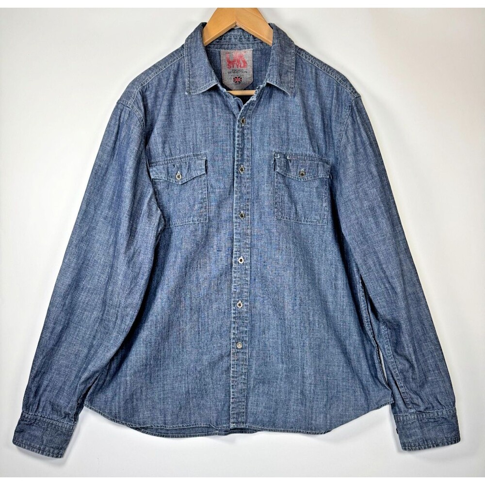 UK Style by French Connection Mens Indigo‎ Chambray Shirt Blue Large Cotton